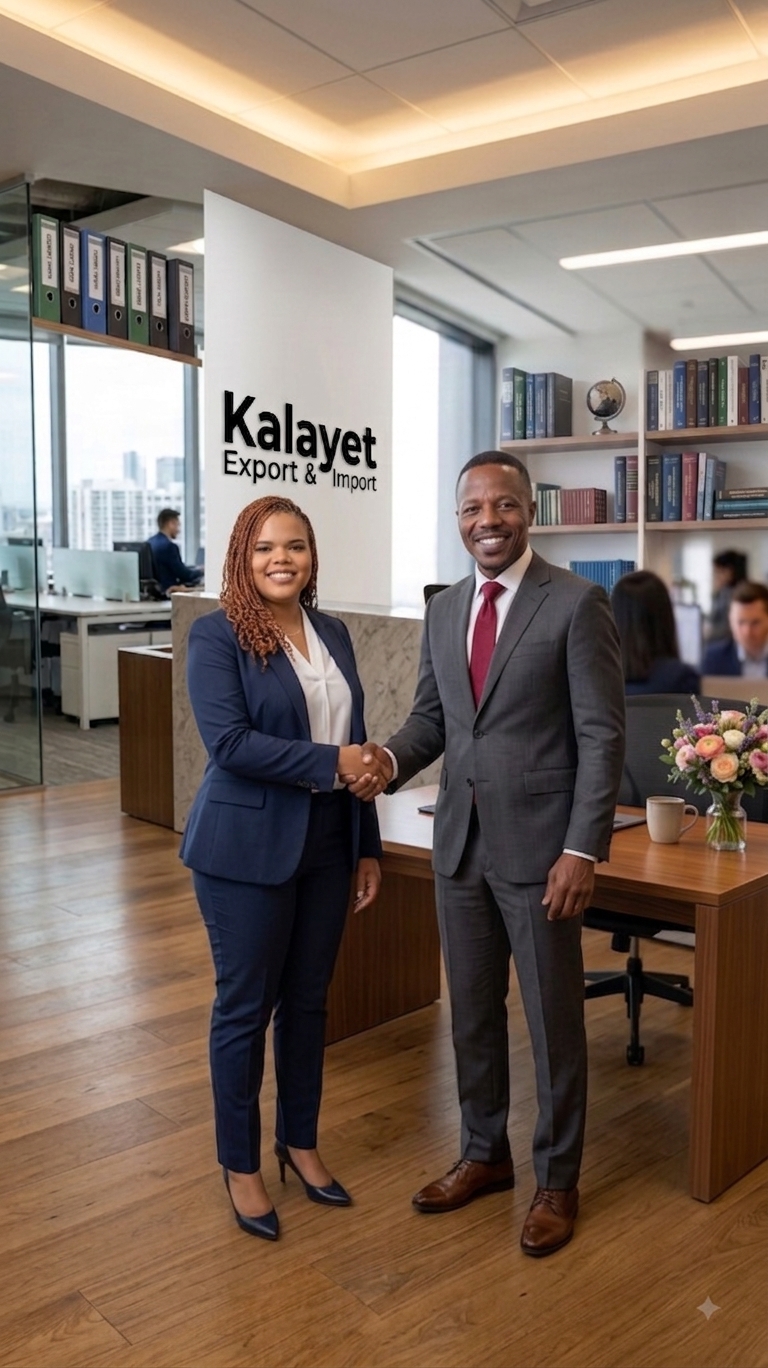 Kalayet Export & Import team shaking hands in a modern office